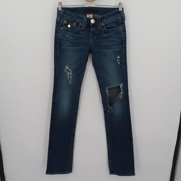True Religion Women 26 Billy Big T Medium Wash Blue Distressed Torn Denim Jeans - Picture 16 of 16